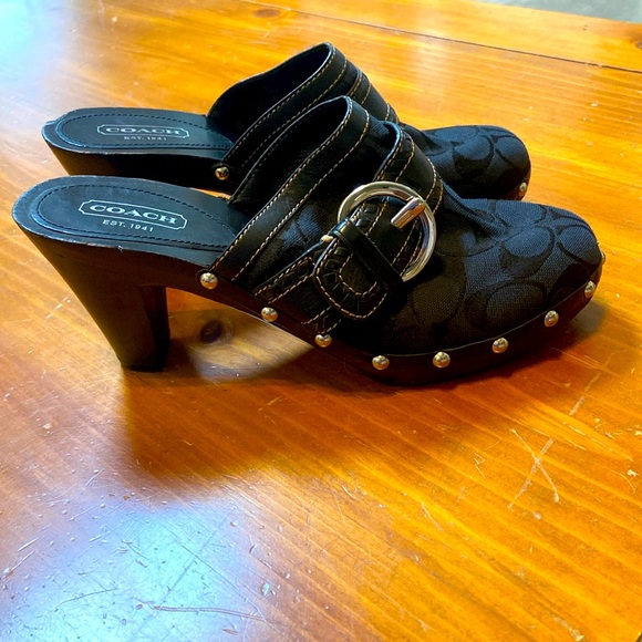 Coach | Shoes | Coach Black Signature Print Heeled Mule With Silver ...